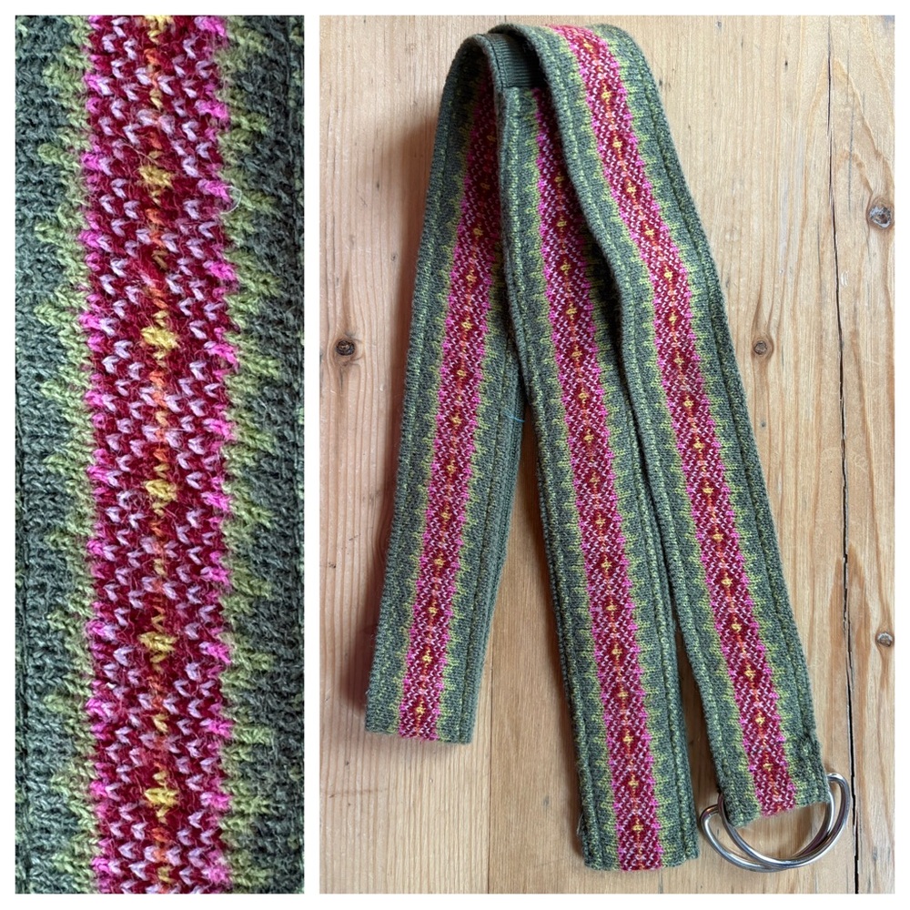 Green and Pink Fair-isle Patterned Knit and Grosgrain Ribbon D-Ring Belt (2004)